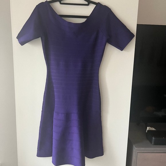 Herve Leger Liza Bandage Plum Berry Boat Neck Flared Dress Authentic - Picture 3 of 16